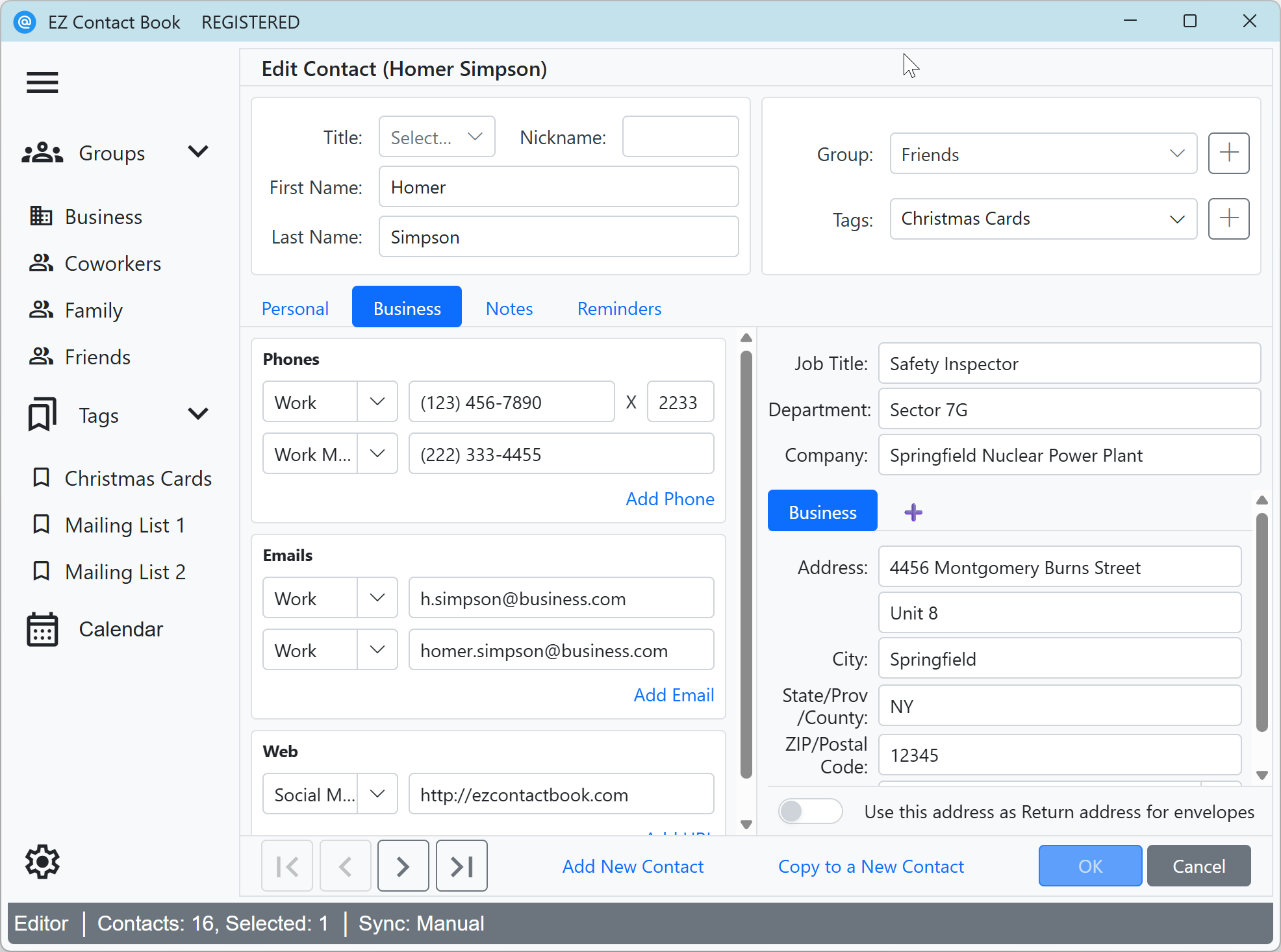 Contact Editor - Business details page