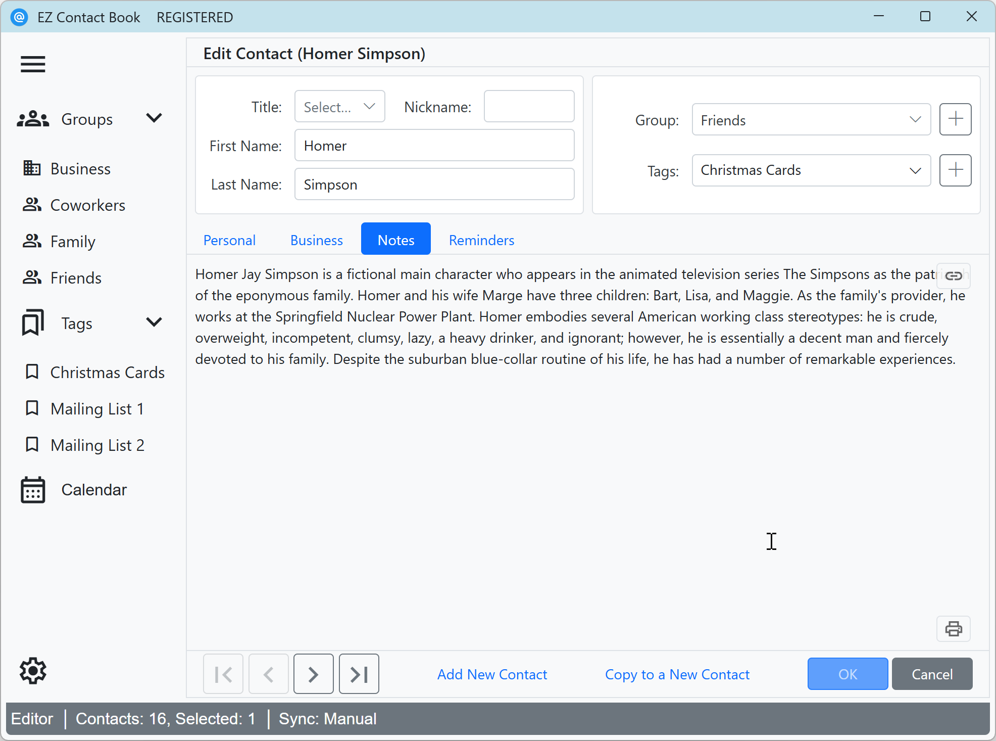 Contact Editor - Notes editing page