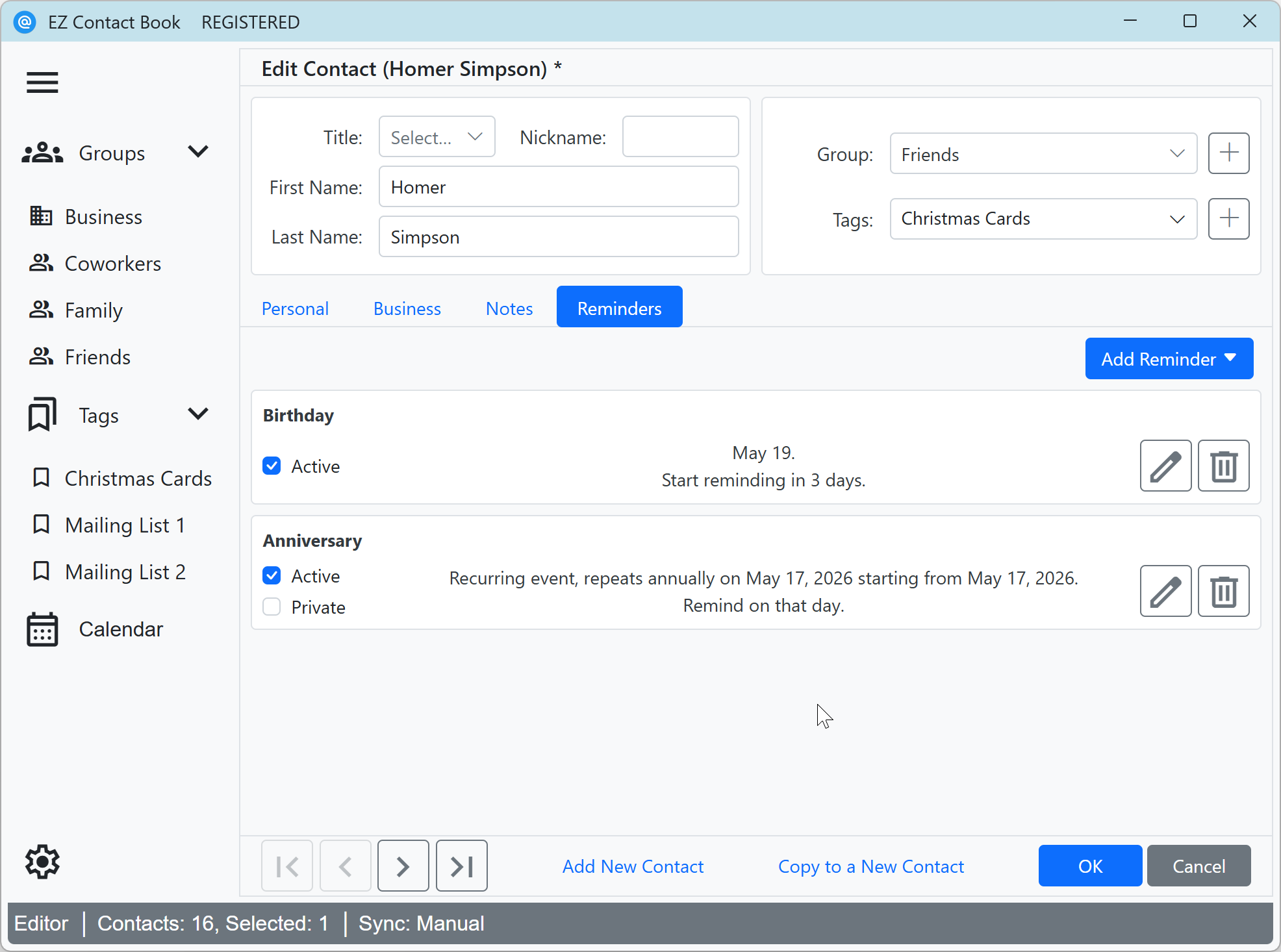 Contact Editor - Reminders editing page