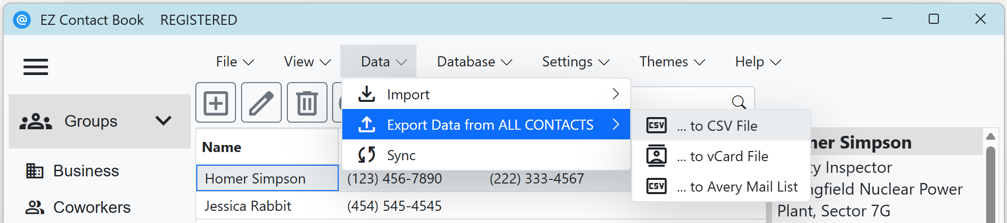 Export options - to CSV, VCF and Avery Mail List (CSV)