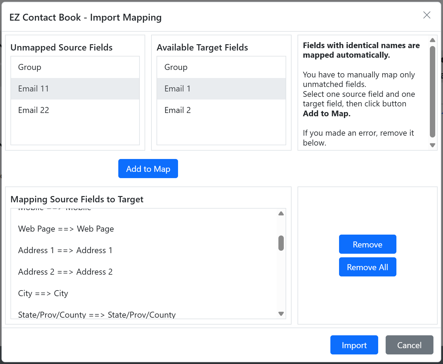 Screenshot of the Import Field Mapping dialog
