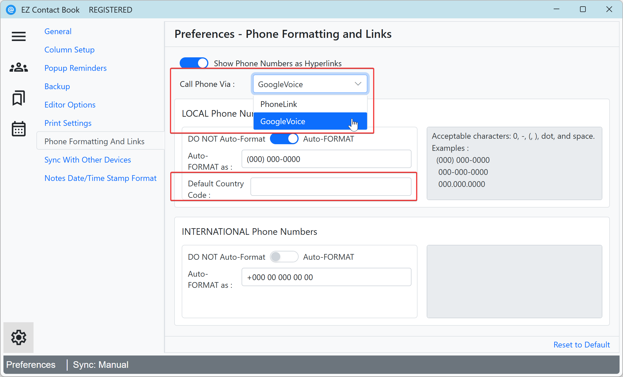 Preferences - selection of preferred method to Call Phone