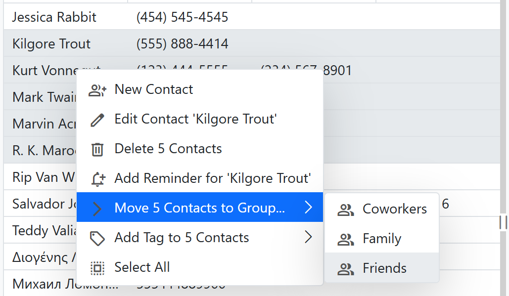 Screenshot of the option to Move contacts to another Group in EZ Contact Book