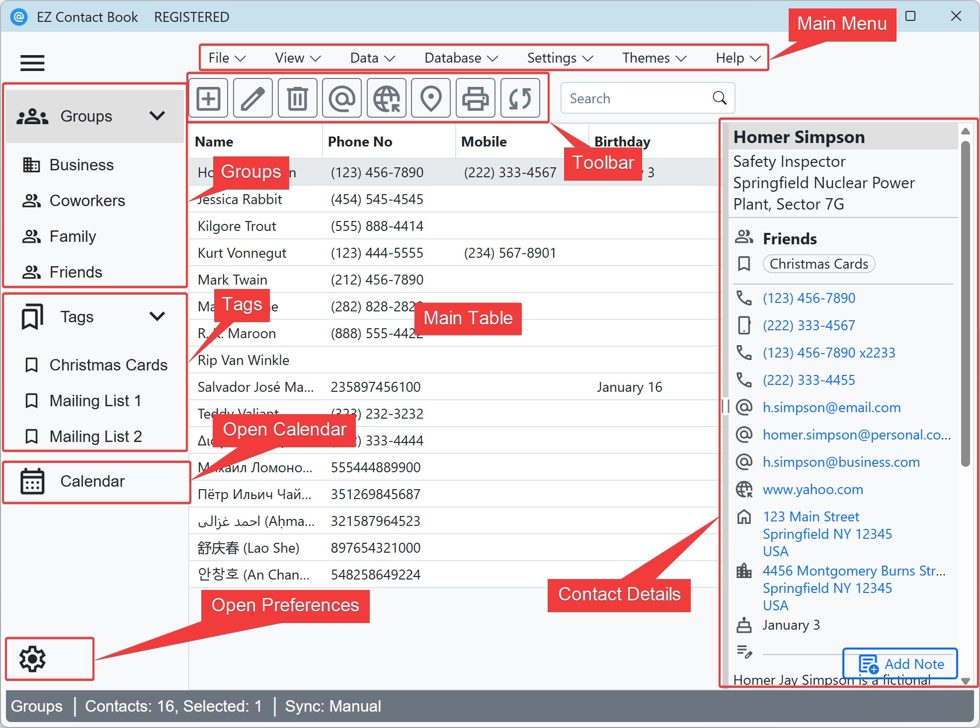 EZ Contact Book main interface and contact list