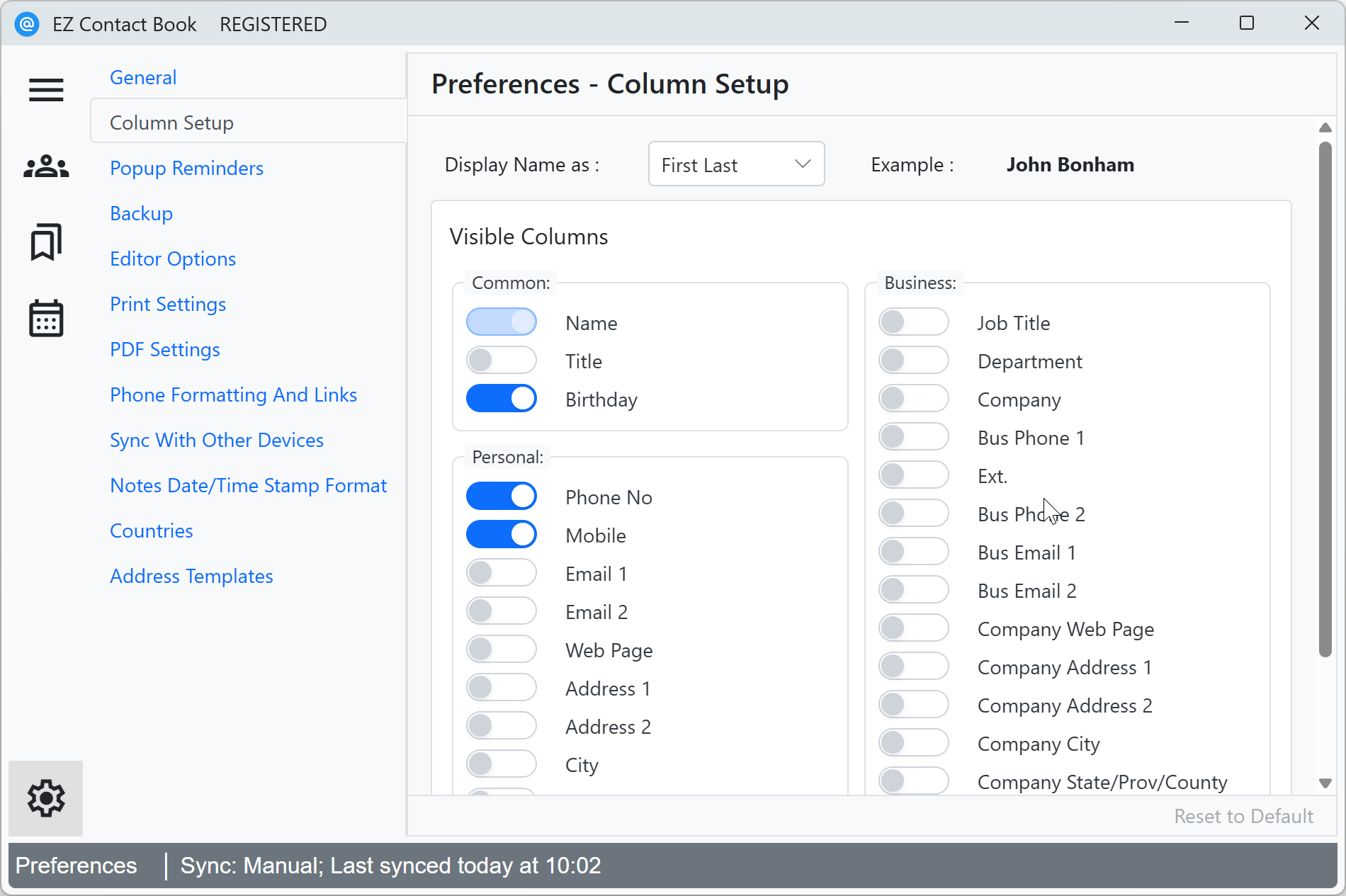 User Preferences - Columns Setup