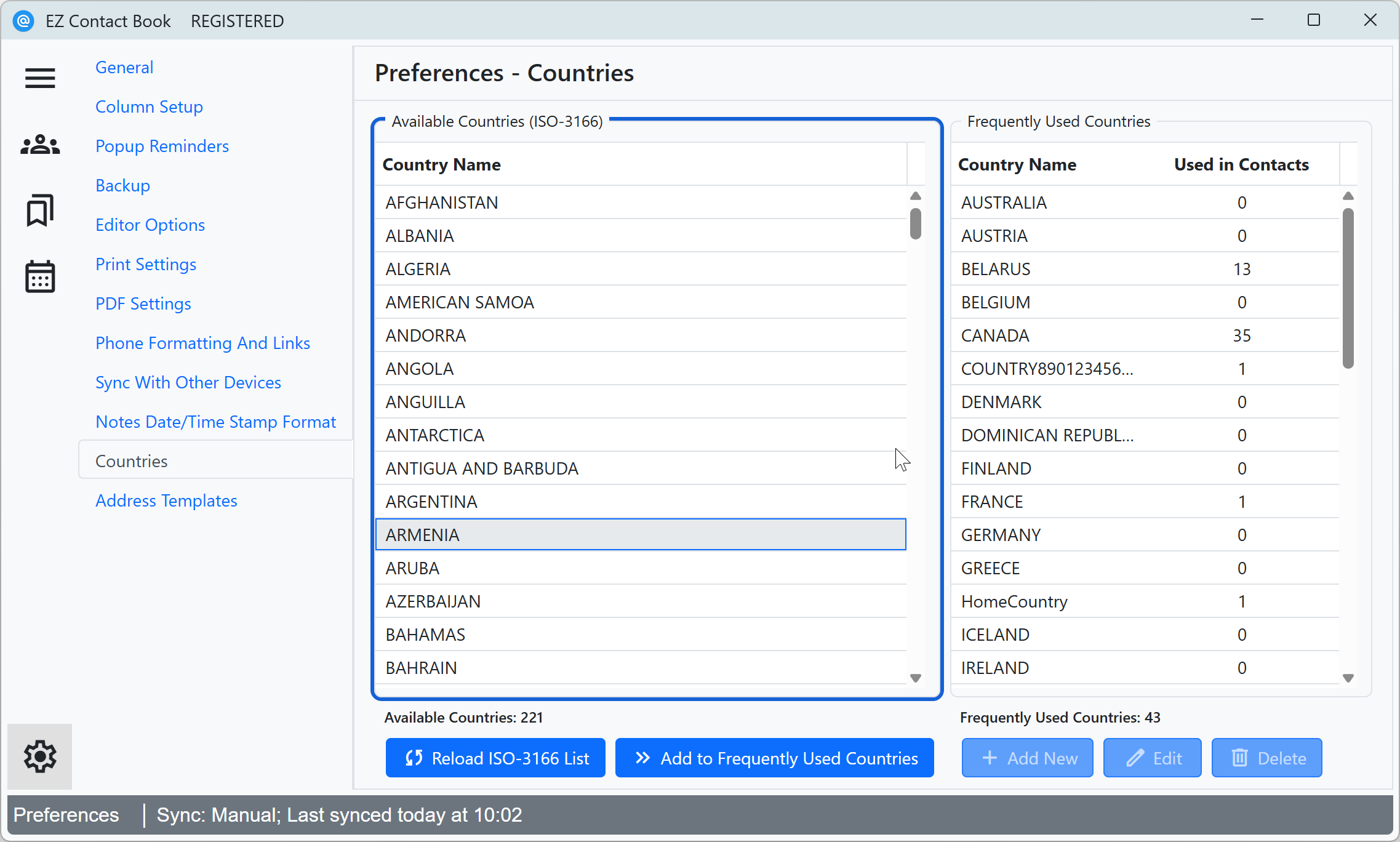 User Preferences - Configure Frequently Used Countries