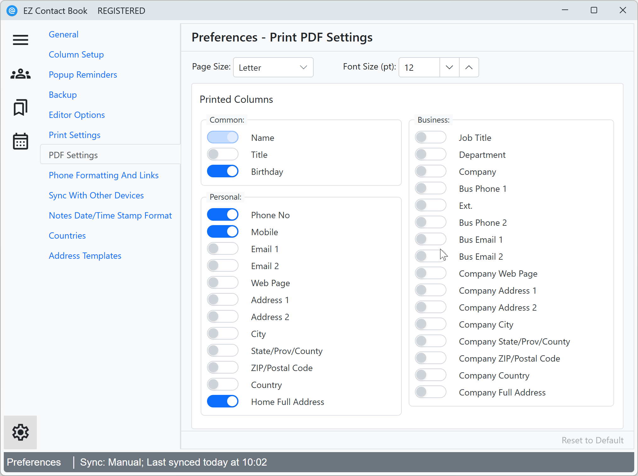 User Preferences - Print PDF Settings