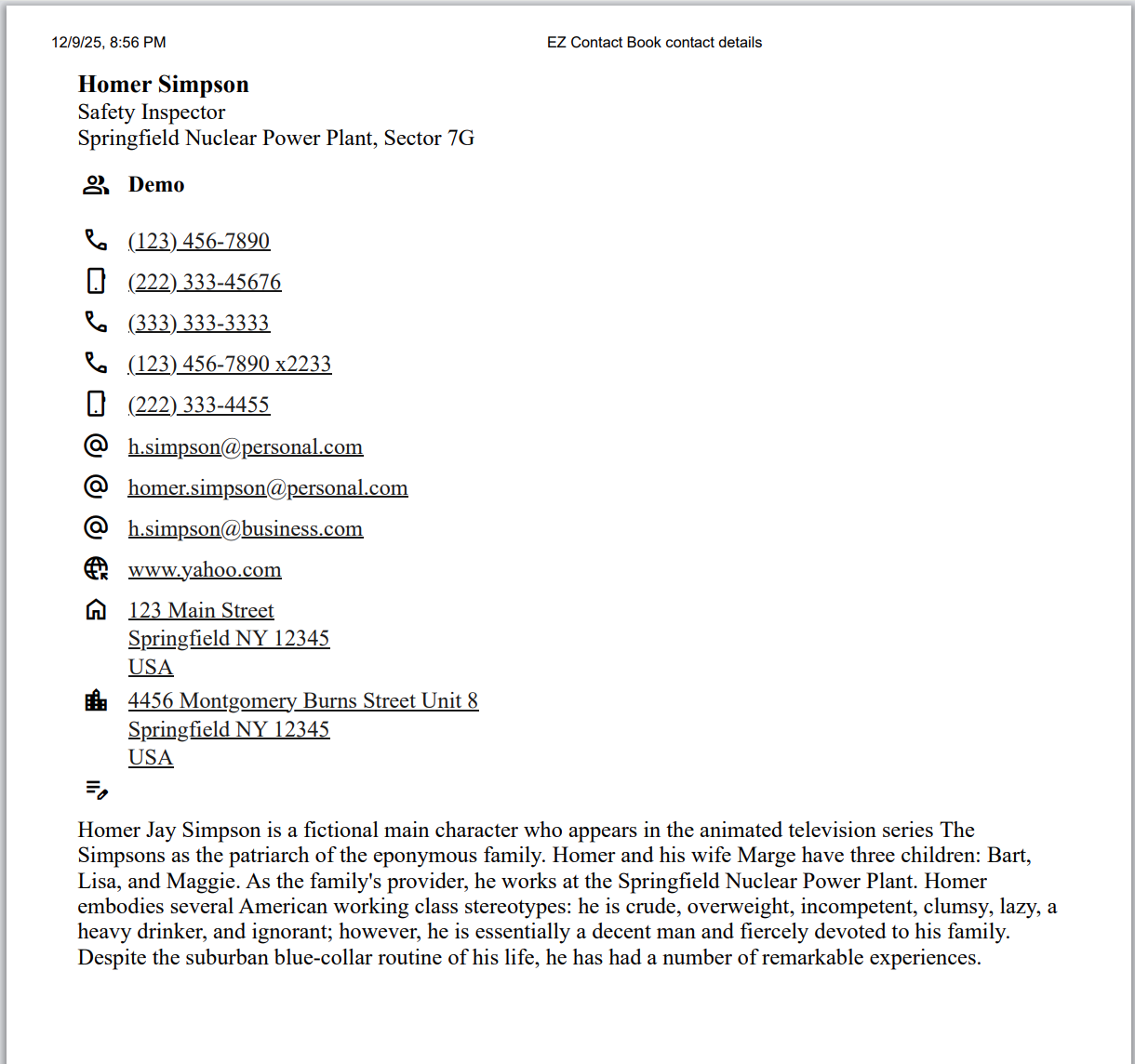 Example of Print Preview of Contact Details