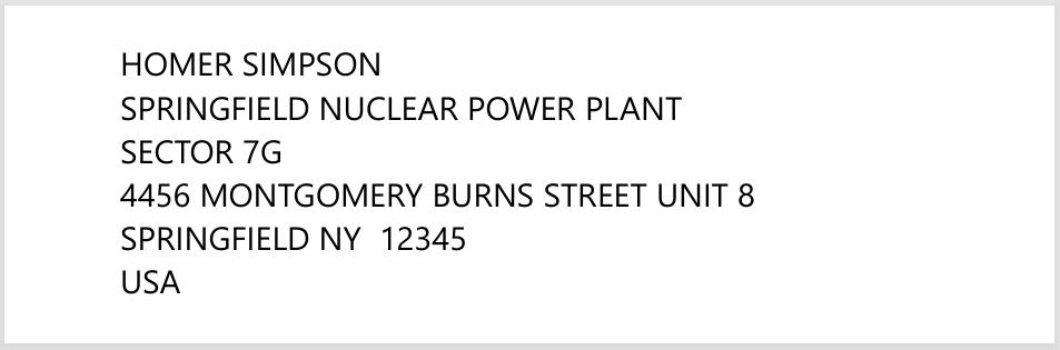 Example of printed USA address