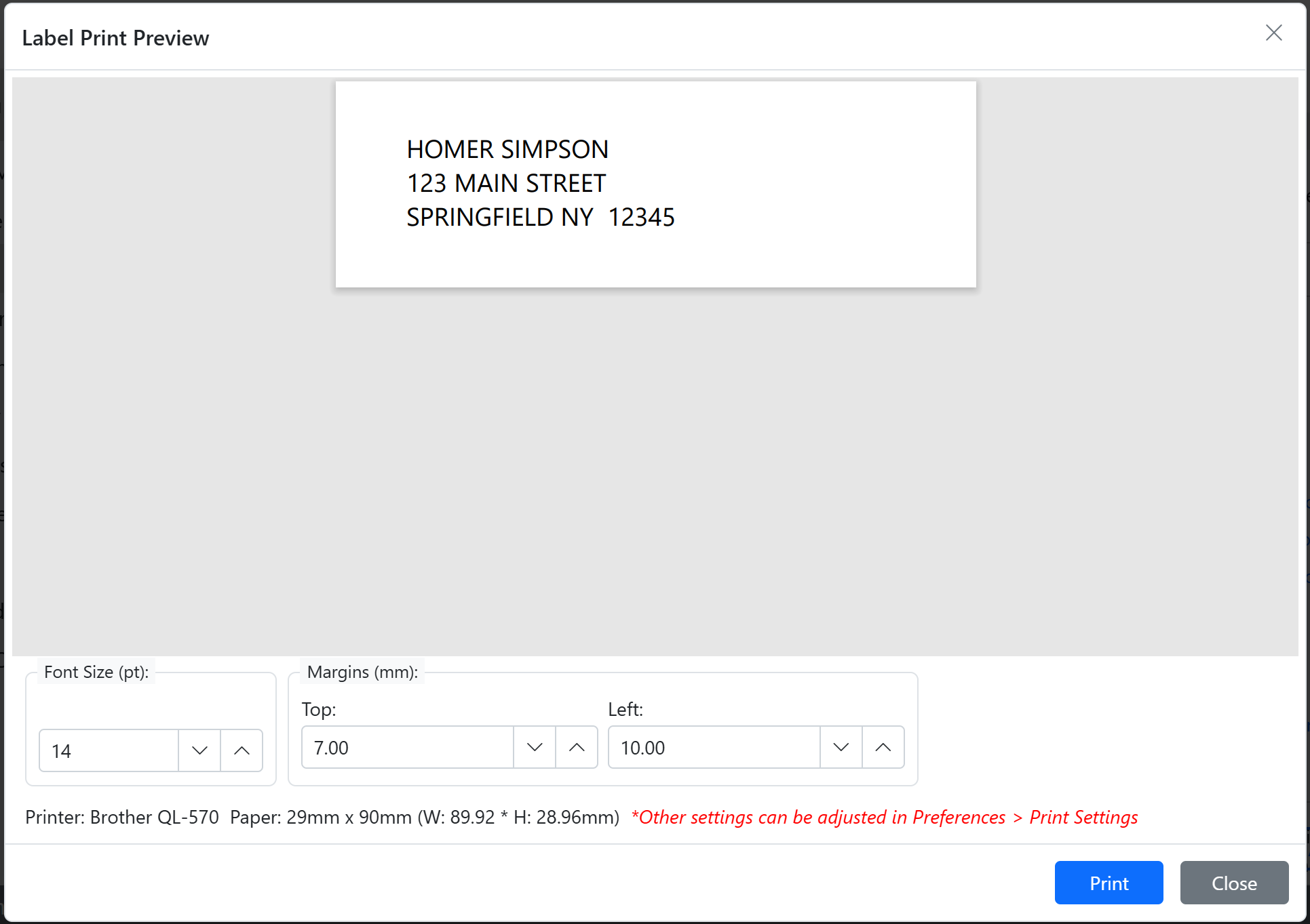 Example of Print Preview for an Address Label