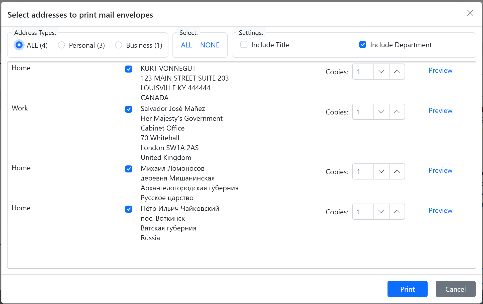 Screen to select addresses and number of copies for printing mail envelopes