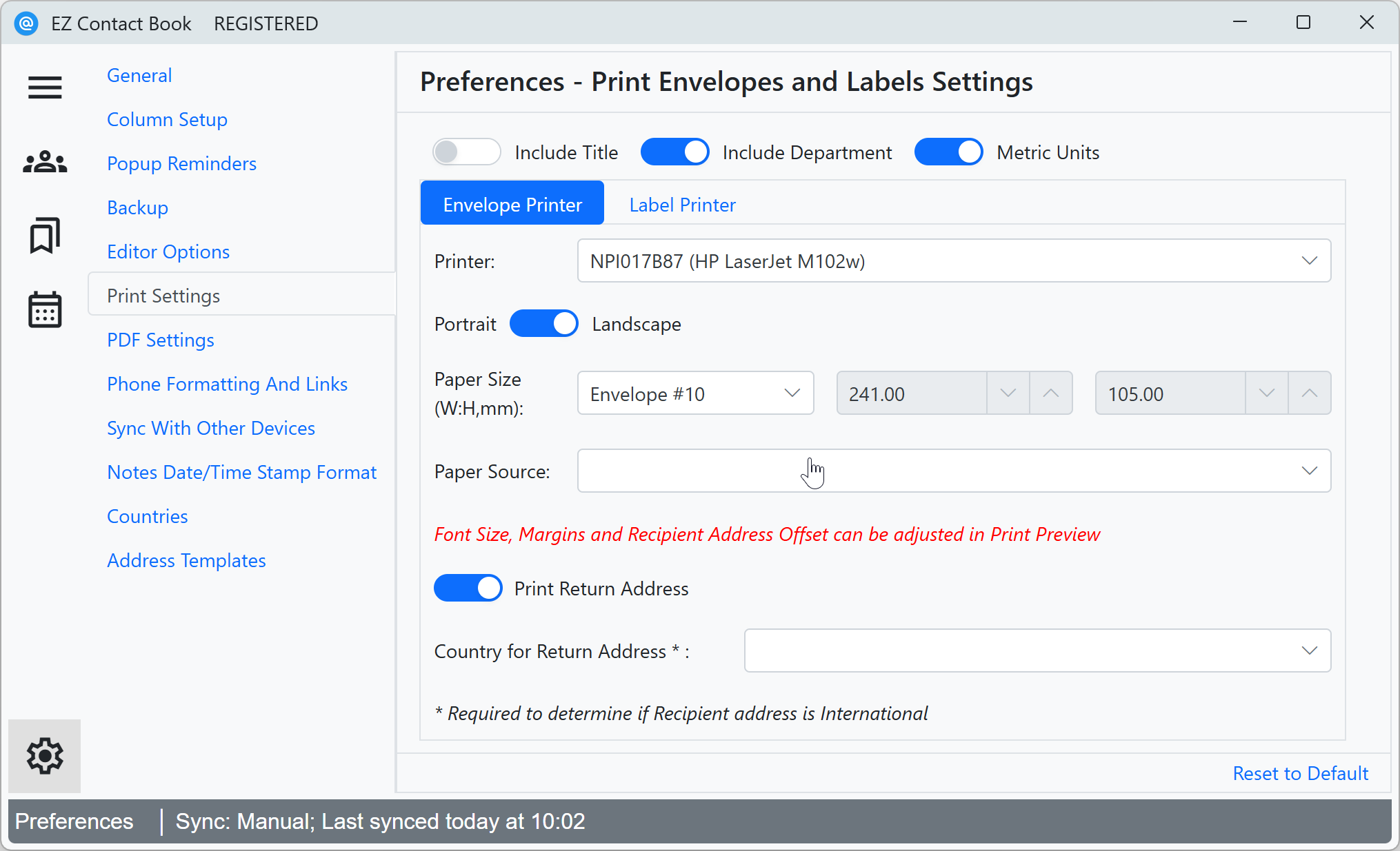 Preferences - Print Settings page