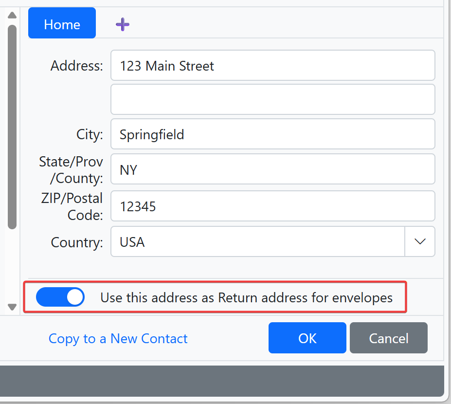 Use selected address asa Return address for mail envelopes