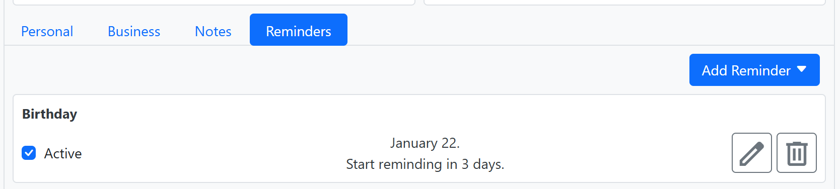 Reminder section in Reminders tab of the Contact Editor