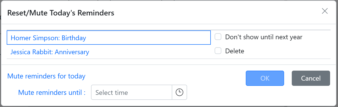 Example of dialog to reset or temporarily mute reminders