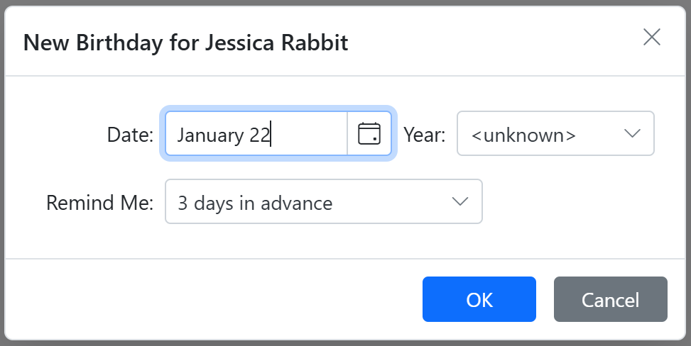 Example of editing contact's Birthday