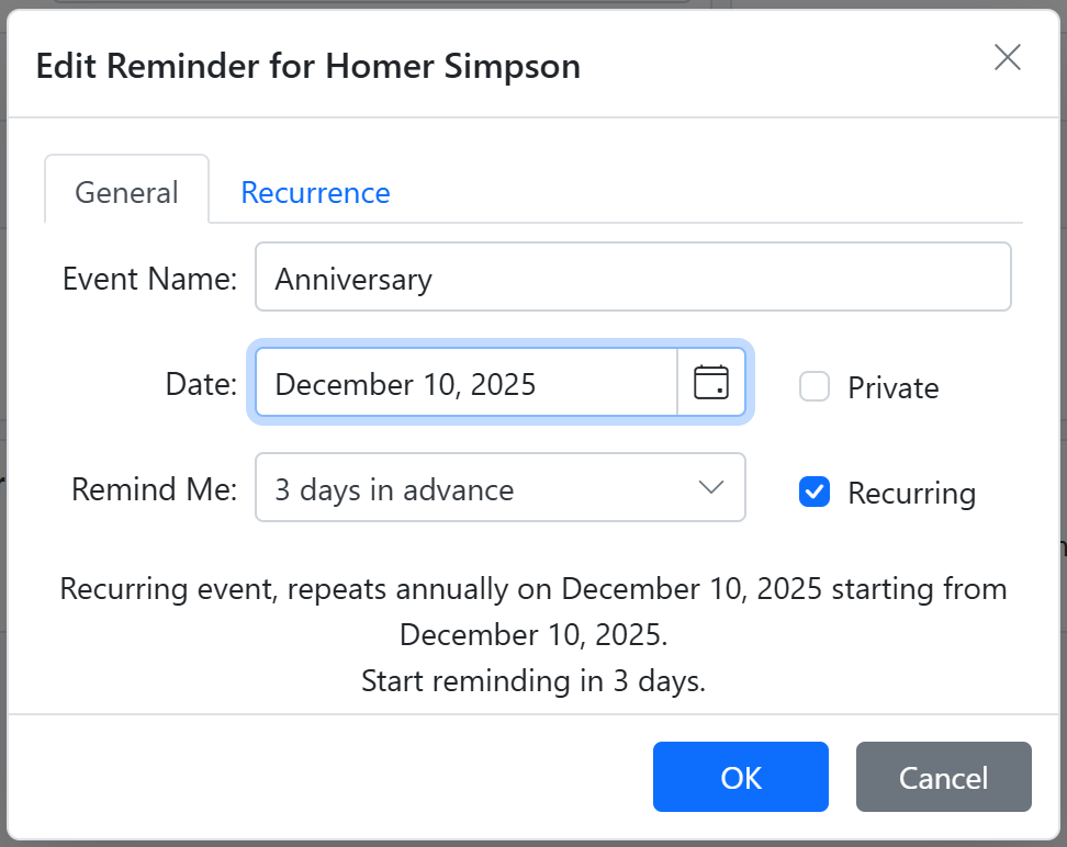 Reminder Editor - editing general details