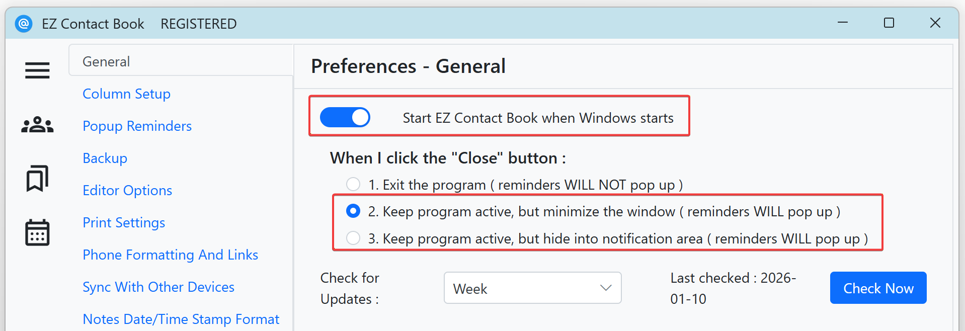 Options to auto-start EZ Contact Book when Windows is started