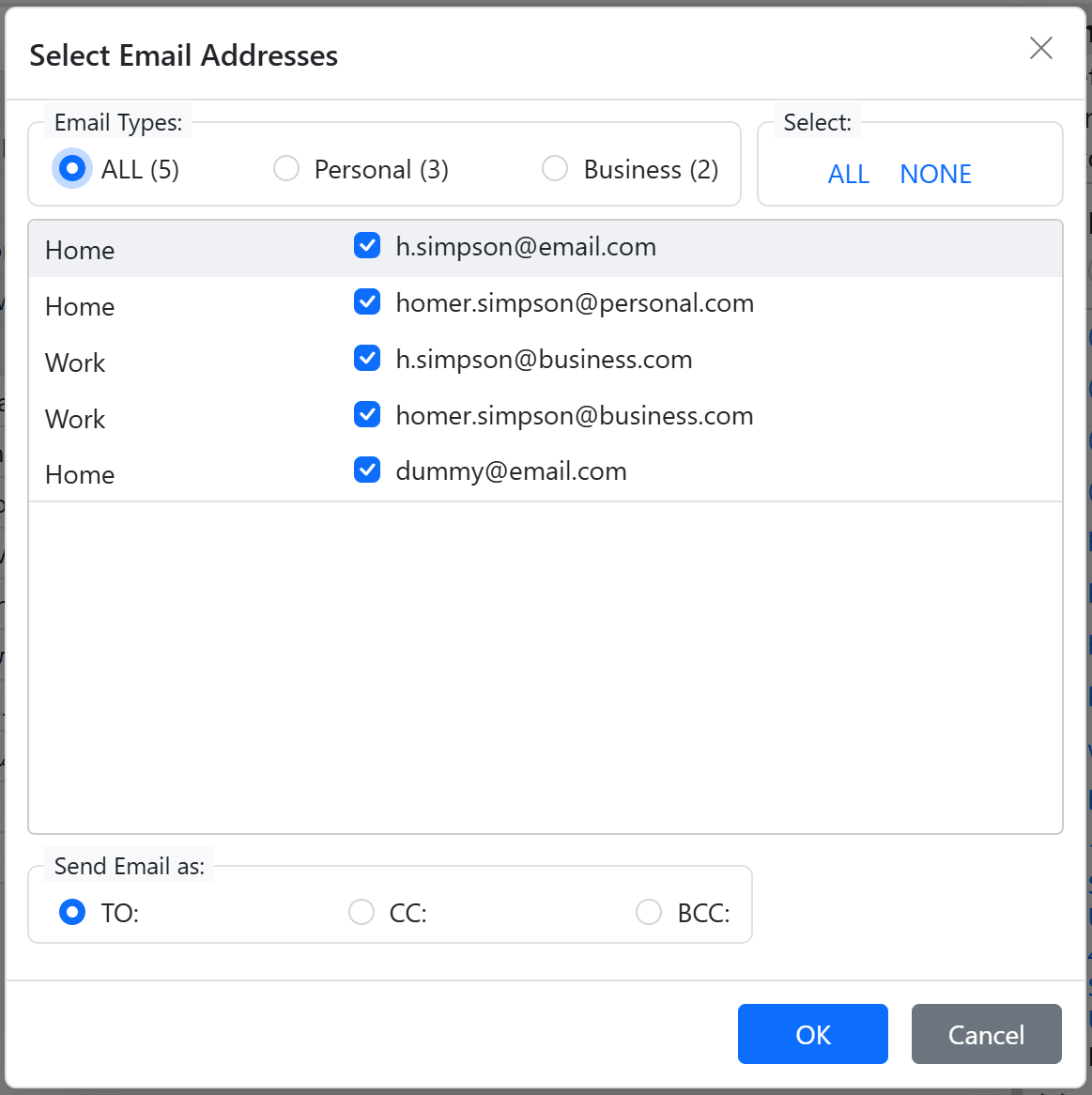 Screenshot of the group email selection dialog in EZ Contact Book