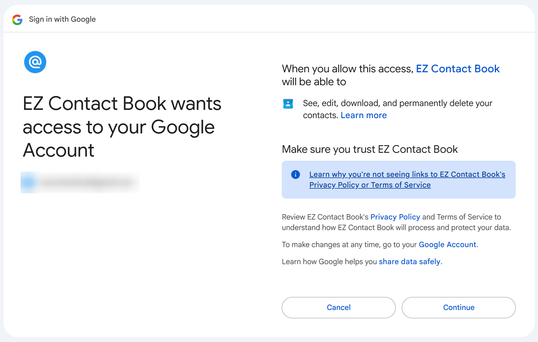 Google prompt to allow EZ Contact Book access to manage contacts