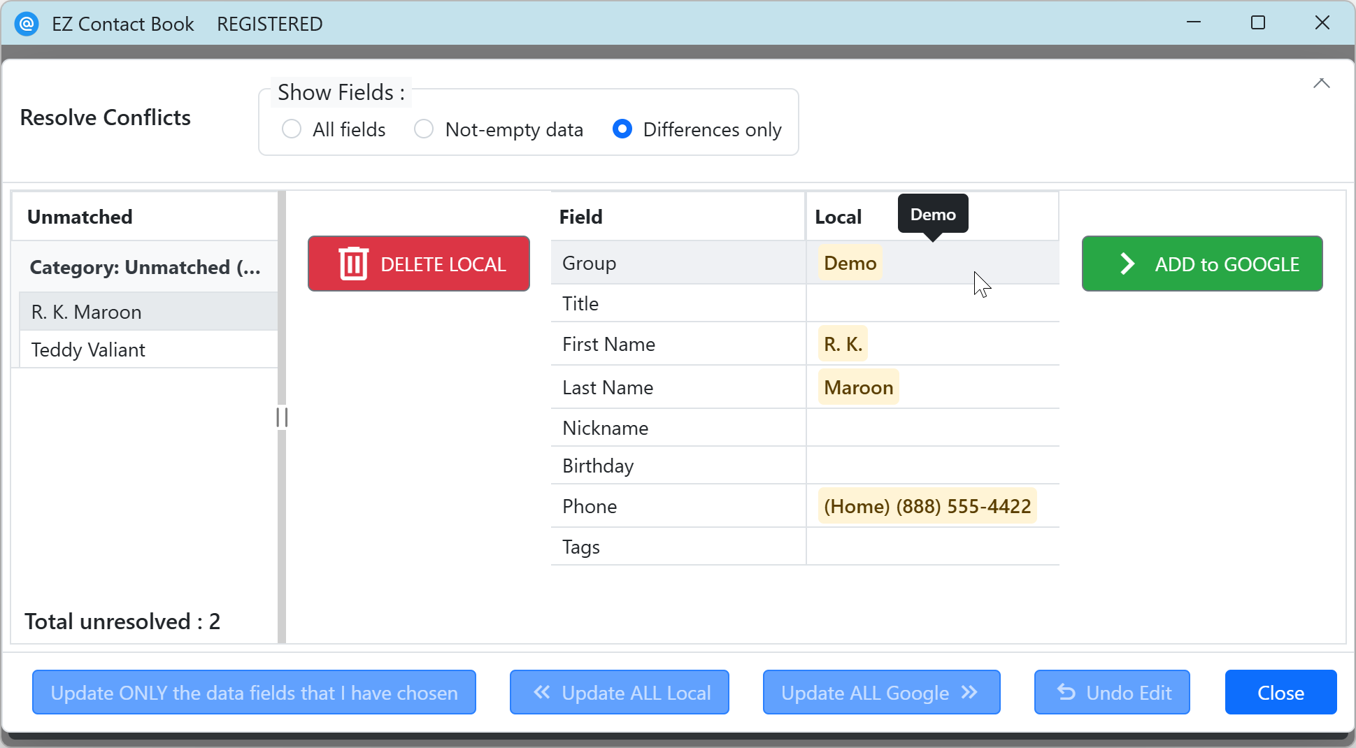 Example of resolution options for Unmatched contacts