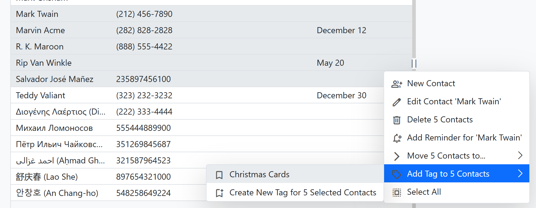 Context menu option to assign a Tag to selected contacts