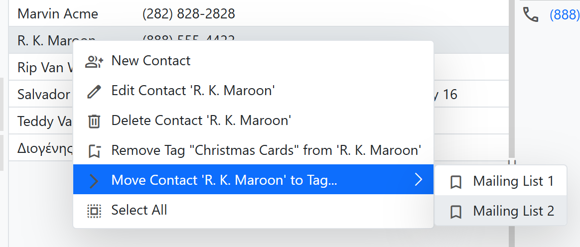 Screenshot of the Move Contacts to Tag option in EZ Contact Book